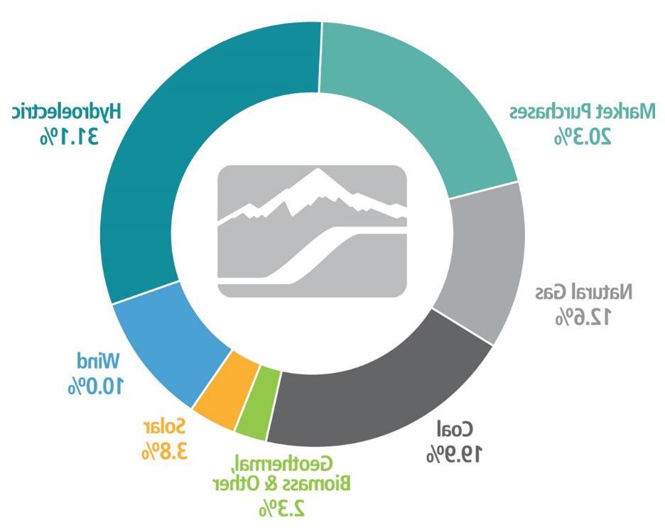 甜甜圈图显示2022年爱达荷州电力能源结构:31.1%水力发电，10%风力发电，3.8%太阳能，2.3%地热/生物质/其他，19.9%煤，12.6%天然气，20%.3%市场采购